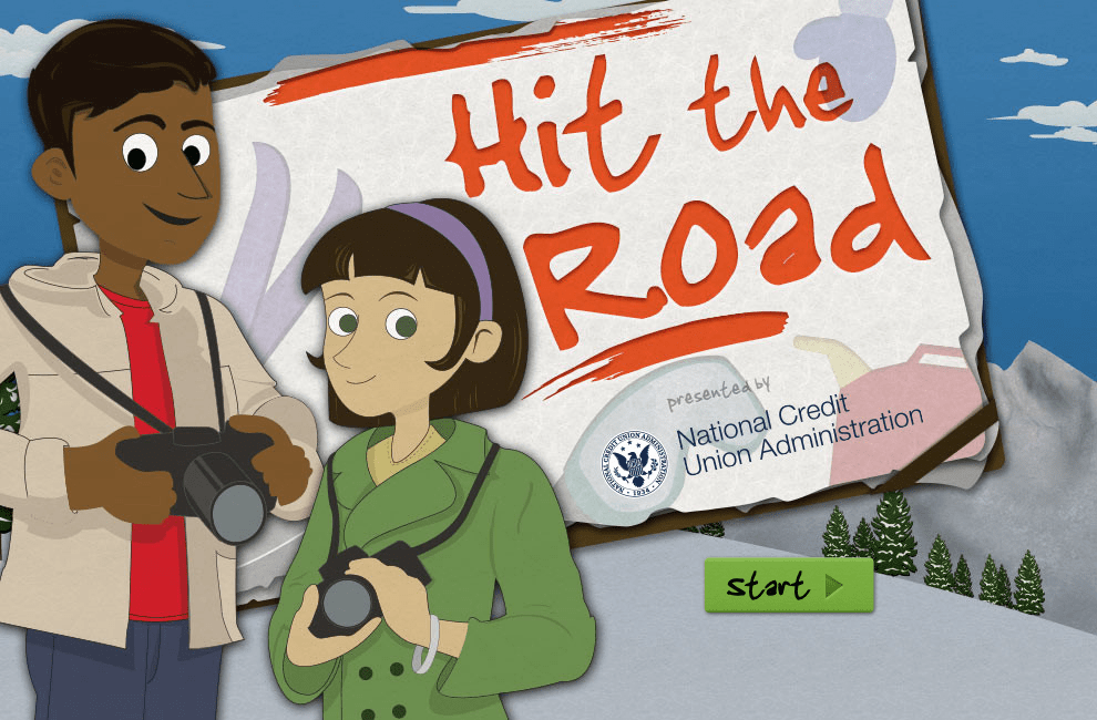 Image of a girl and boy ready to travel with cameras for a children's game called Hit the Road.